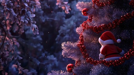 A Christmas tree with a Santa Claus sitting on it