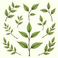 Green plant and leafs pattern. Pencil, hand drawn natural illustration. Simple organic plants design. Botany vintage graphic art. 4k wallpaper, background. Simple, minimal, clean design IMAGE 2025