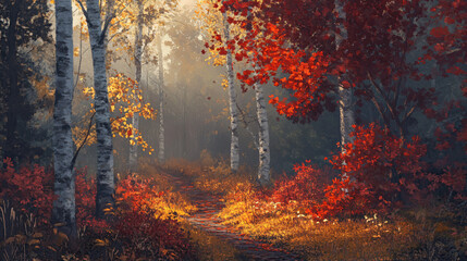 A tranquil autumn forest with a narrow trail weaving through trees with vivid red and orange leaves, bathed in soft sunlight.