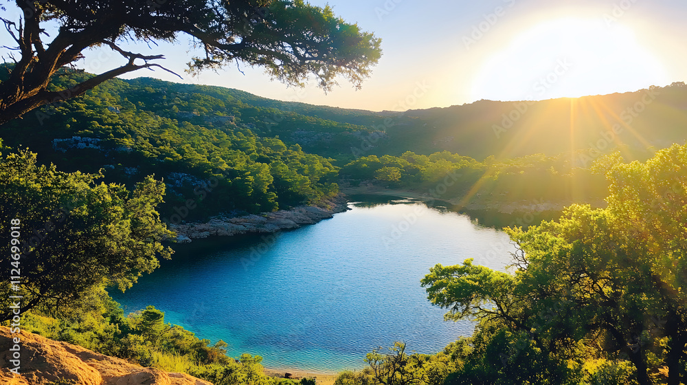 Poster a serene landscape featuring a tranquil lake surrounded by lush greenery and illuminated by a warm s