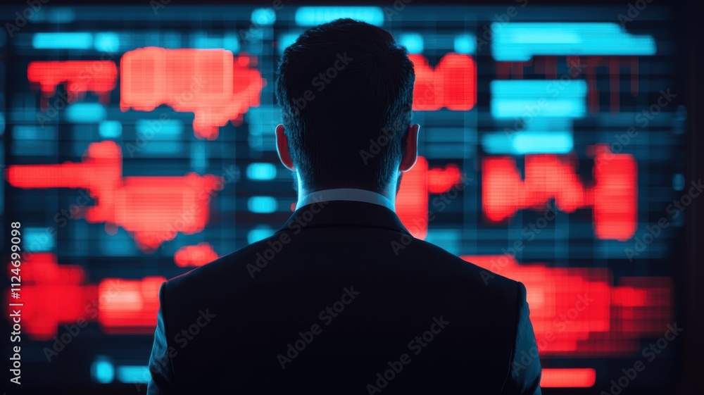 Poster politics government agenda concept. a person in a suit stands in front of a colorful digital screen 