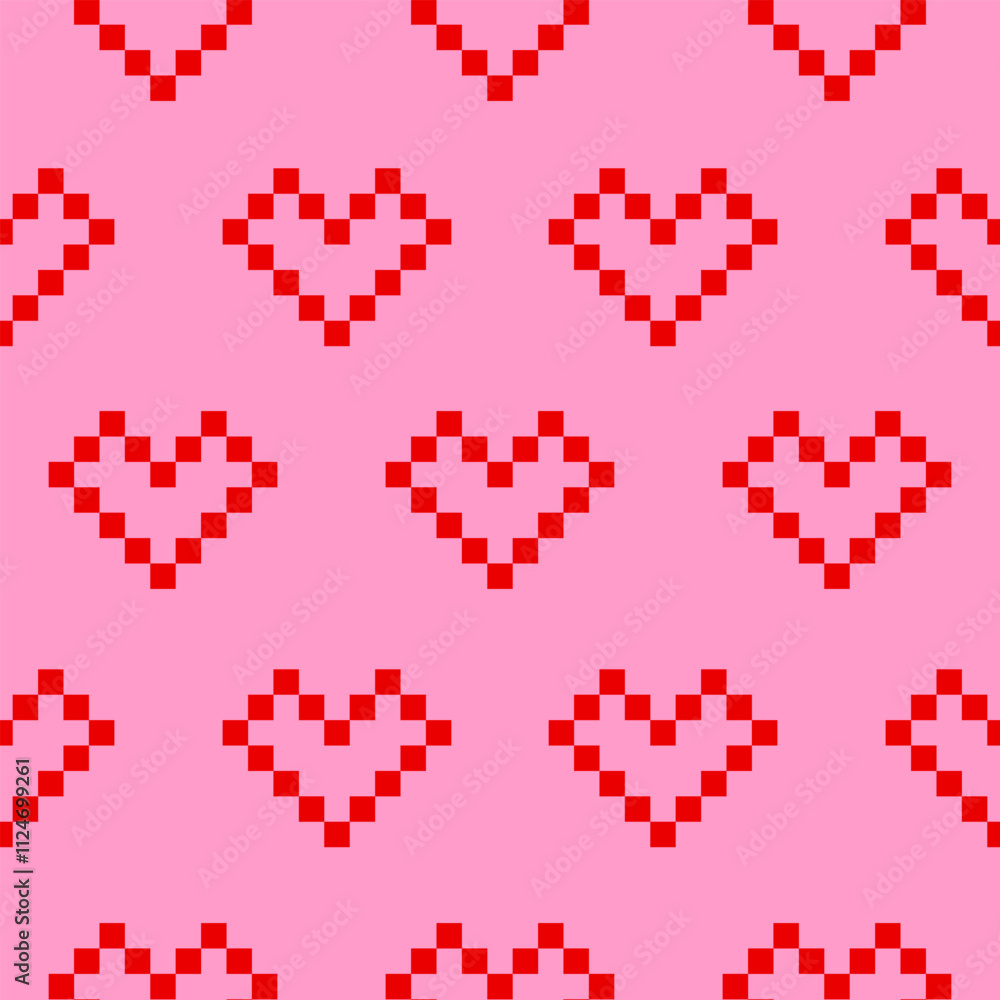 Poster Minimalistic seamless pattern with red pixel hearts on a pink background. Vector illustration
