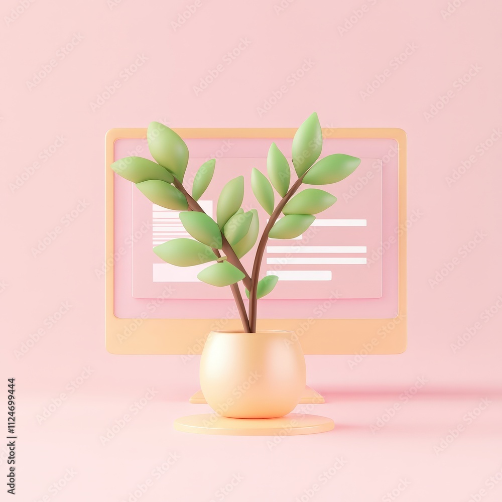 Poster a minimalist design featuring a green plant in a soft pot, set against a pastel background with a co