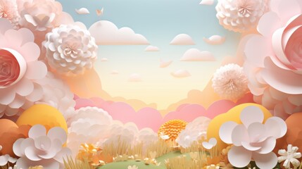 Garden of Dreams, Abstract Art with Blooming Flowers and Flying Birds