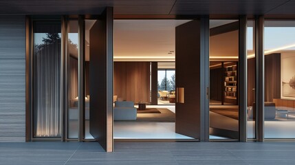 A sleek, modern pivot door made of dark wood and glass, opening to a luxurious interior.
