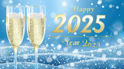2025 Happy New Year. Champagne glasses. Restaurant glassware. Bubbly in glass. Champagne glasses, fizzy champaign in goblet.