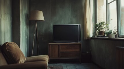 A TV is mounted on the wall in the corner of a gray and wooden living room, close to a wide window. an angle. double exposure toned picture prototype.