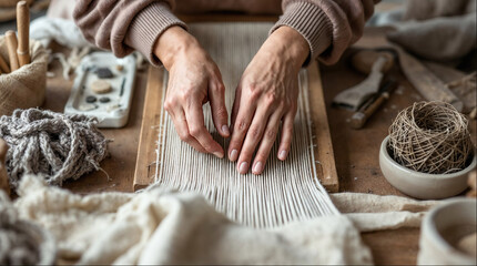 Artisan Hands Weaving Fabric on Wooden Loom – Craftsmanship Focus