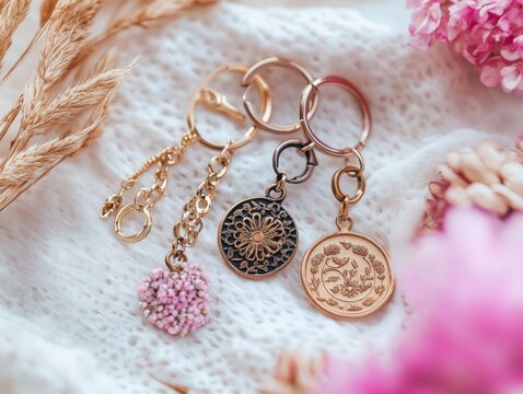 A collection of colorful charms displayed on a table, perfect for accessorizing bags