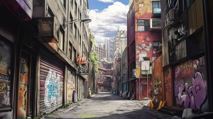 Naklejka premium A urban streets with graffiti buildings and paint signs