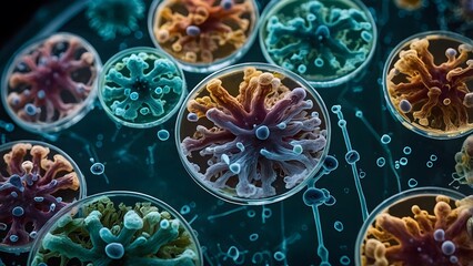 A macro close-up shot of bacteria and virus cells in a scientific laboratory petri dish
