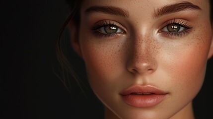 Fototapeta premium Close-up portrait of a young woman with freckles and glossy lips in soft lighting