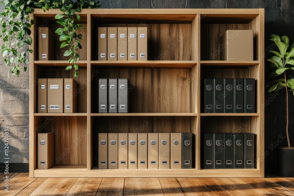 Aufkleber stylish wooden bookshelf filled with organized folders and file boxes in a modern office setting