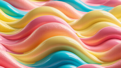 Obraz premium Brightly colored wavy patterns flow across the surface, showcasing an abstract design in pink, blue, and yellow. The smooth textures create a playful visual rhythm.
