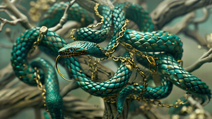 Obraz premium The Christmas tree is decorated with Christmas tree toys in the form of snakes