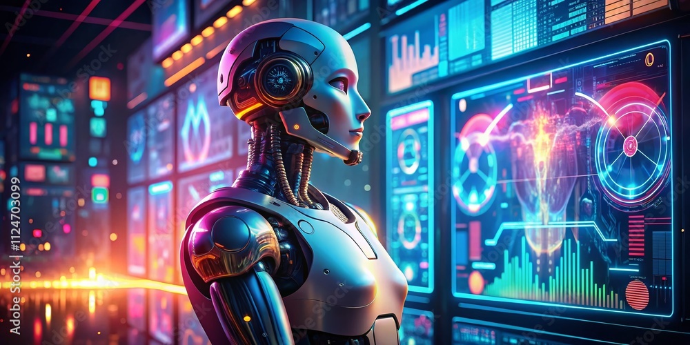 Poster a futuristic robot interacting with digital data displays in a high-tech environment, representing i