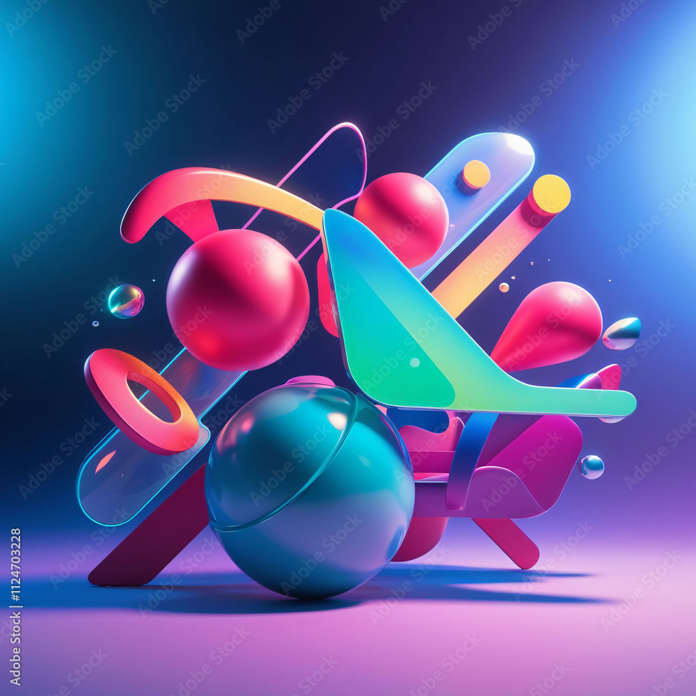 Poster abstract geometric shapes and vibrant colors create a dynamic composition in a digital art piece sho