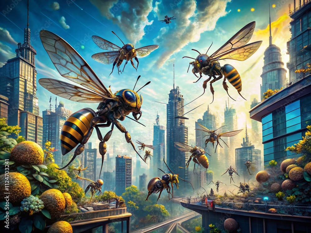 Poster a futuristic swarm of insect cyborgs with mechanical wings buzzing around a high-tech hive in an urb