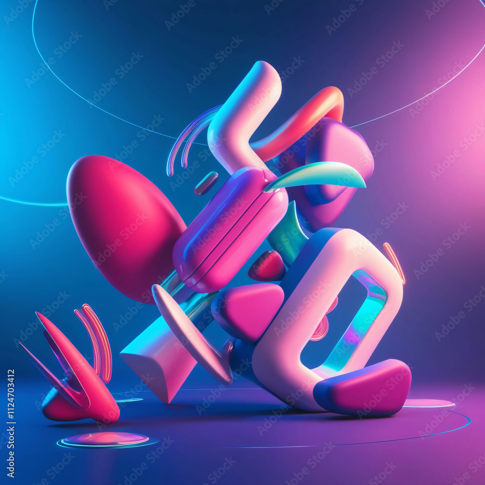 Poster abstract geometric shapes and vibrant colors create a dynamic composition in a digital art piece sho