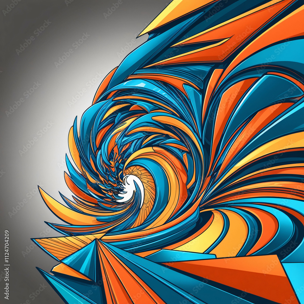 Poster abstract vortex design featuring blue and orange geometric patterns with a sense of motion and depth