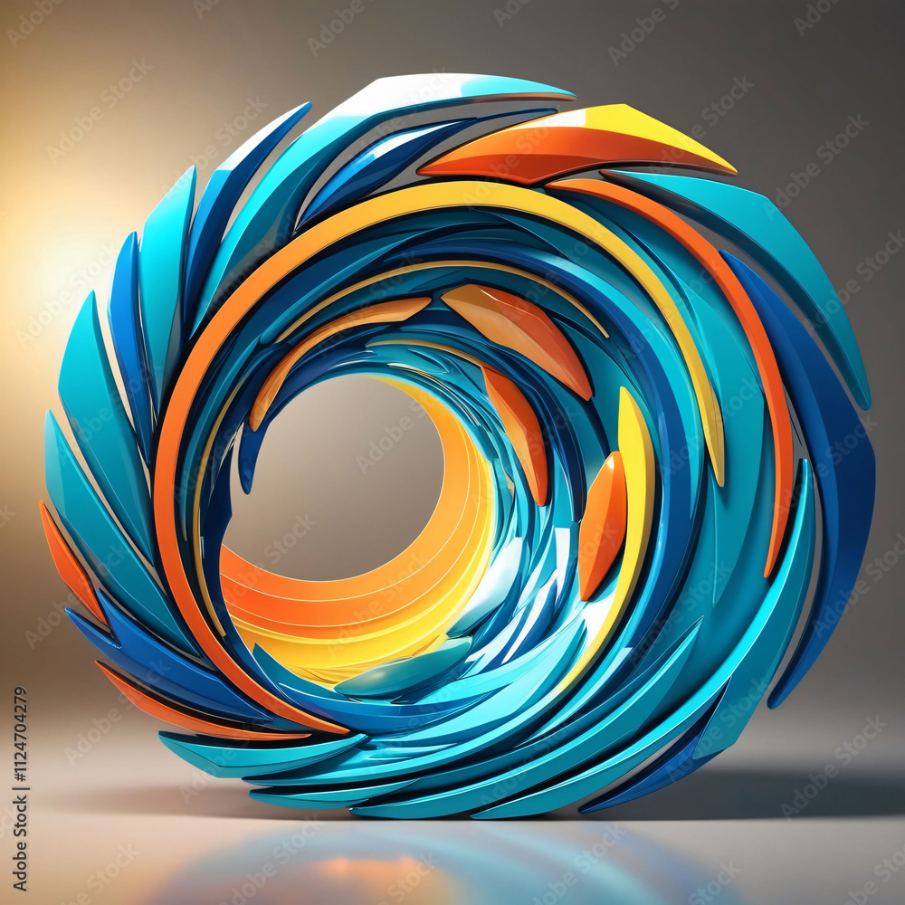 Poster abstract vortex design featuring blue and orange geometric patterns with a sense of motion and depth