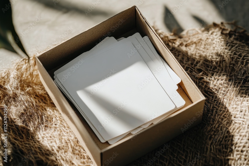 Poster empty cards in a brown box resting on a natural fiber surface with soft shadows in a warm light envi