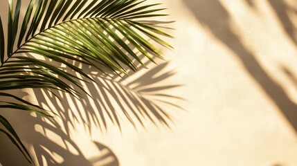 Palm Leaf Shadow Against Beige Wall Background