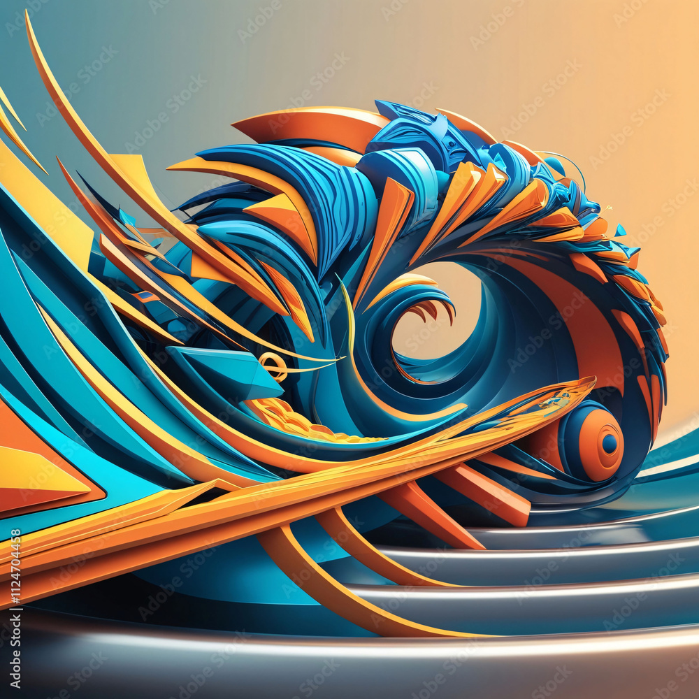 Poster abstract vortex design featuring blue and orange geometric patterns with a sense of motion and depth