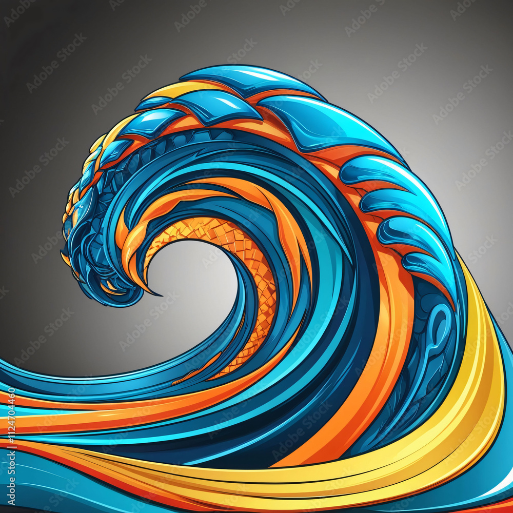 Poster abstract vortex design featuring blue and orange geometric patterns with a sense of motion and depth