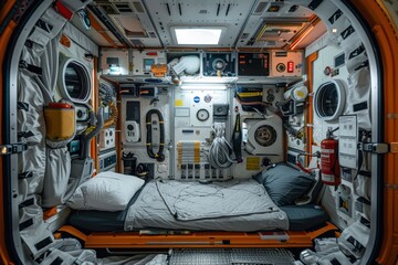 A storage module in a space station filled with neatly organized supplies and tools, highlighting the efficiency and order required for life in space
