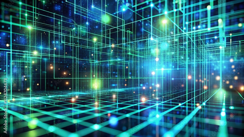 Poster a grid of futuristic digital lines in blue and green, capturing the essence of computing and generat