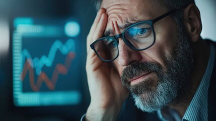 Weary businessman contemplating challenges during late-night analysis of market trends and data