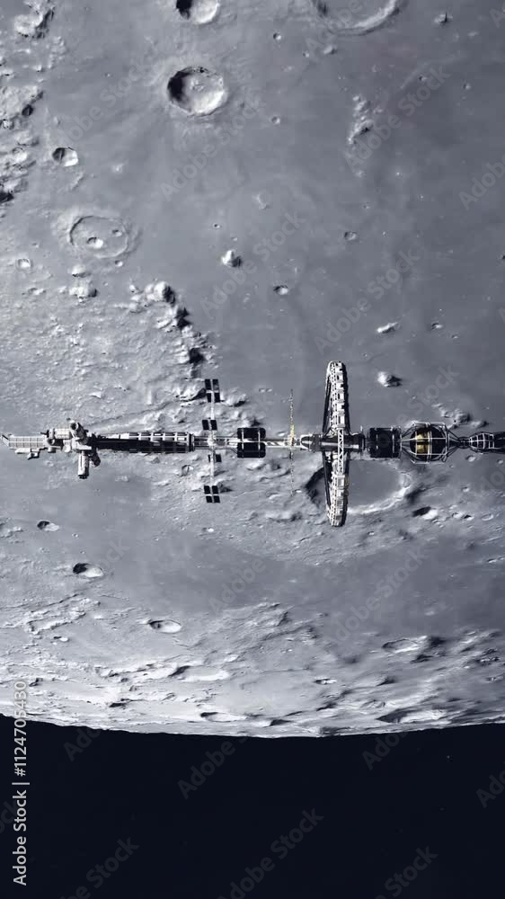 Wall mural vertical shot of a large generational spaceship passing the moon before leaving the solar system and
