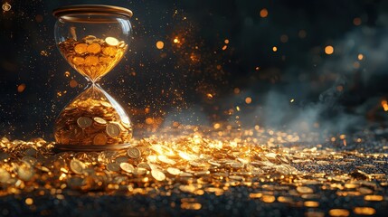 Visual representation of a giant hourglass filled with gold coins and shimmering dust