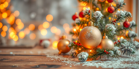 Fototapeta premium Beautiful Christmas blurred tree lights candles ornaments and decorations. Holiday interior background. Cozy heart warming seasonal wallpaper, snowy fir on wooden table, product copy space. Ai gen