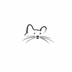 A minimalist black-and-white illustration of a mouse's face, featuring a simple design with pointed ears, round eyes, a small nose, and prominent whiskers on a plain white background