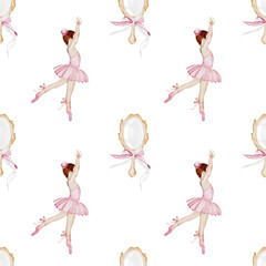Ballet watercolor pattern. Little ballerina and a vintage mirror with a pink bow. Hand drawn seamless incredible girl dancer in pink tutu skirt. Clip art on isolated white background of cute ballet © Татьяна Трущелева