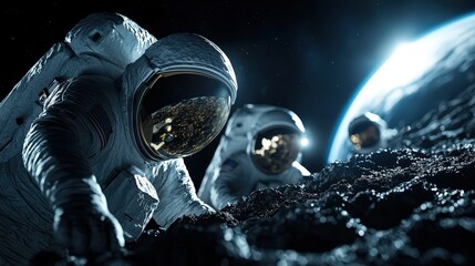 Exploration of lunar surface by astronauts under distant Earth's glow