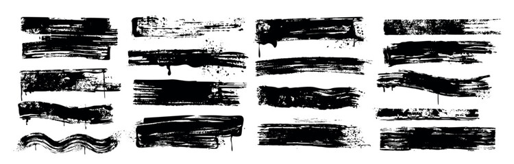 Vector set of black brush strokes, ink bold lines. Dirty grunge design elements, rough paintbrush smears isolated on white background. Hand drawn spray paint underline stripes with drips and splatters