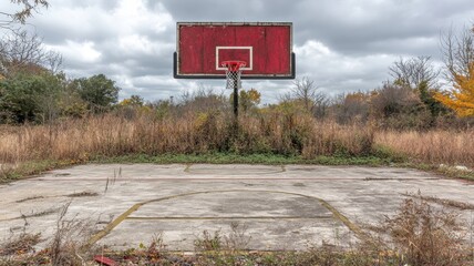 Abandoned basketball court surrounded by overgrown grass urban environment sports photography nature viewpoint