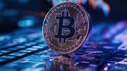 Futuristic bitcoin symbol on keyboard cyber environment digital technology virtual finance concept