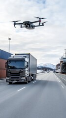 A cargo plane ascends over a busy highway where trucks transport containers, while port cranes overlook an industrial harbor amidst mountain scenery
