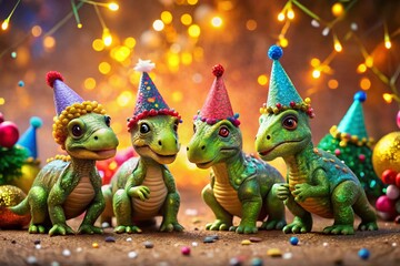 Obraz premium A Joyful Group of Chubby Baby Dinosaurs in Shiny New Year’s Hats Celebrating the Festive Season with Cheerful Expressions and Colorful Decorations in a Playful Setting