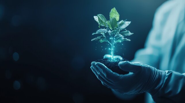 Growing seedlings under bright lights in a futuristic laboratory setting