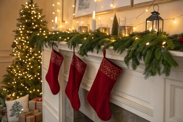 Christmas Mantel Decor with Stockings and Fairy Lights. Generative AI