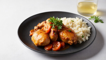 Yassa chicken in modern style in warm colors for culinary presentation