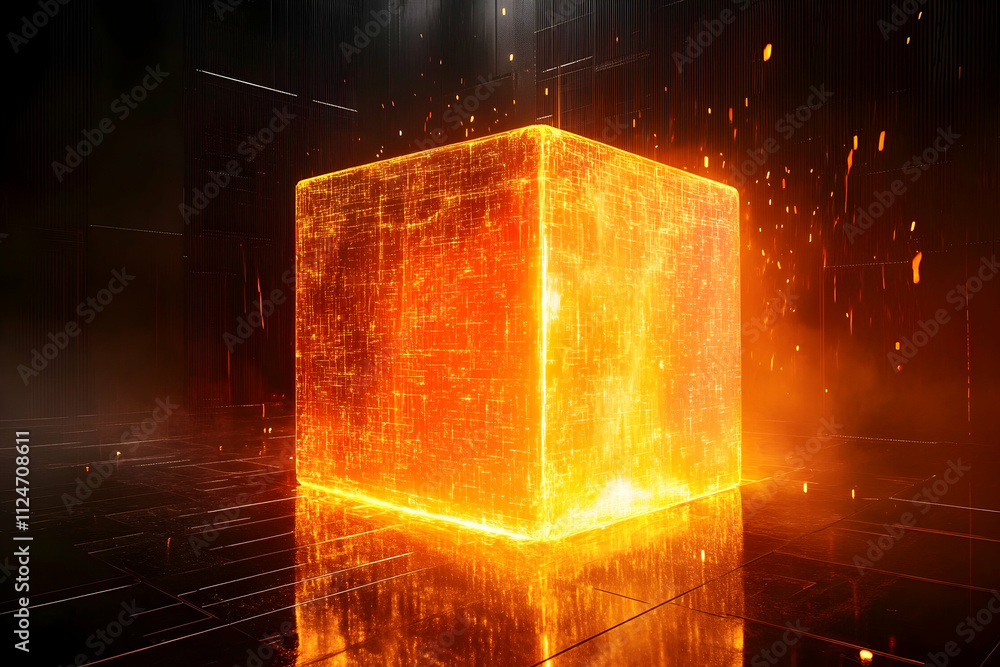 Poster fiery cube 3d render abstract background