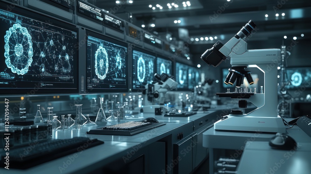 Poster advanced laboratory with microscopes and digital displays.