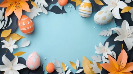 Easter Egg Celebration, Abstract Art with Decorated Eggs and Blooming Flowers on a Blue Background