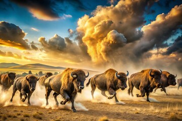 A Majestic Herd of Bison Galloping Across the Plains, Creating a Dust Cloud in the Wild Landscape of North America during a Dynamic Stampede Scene